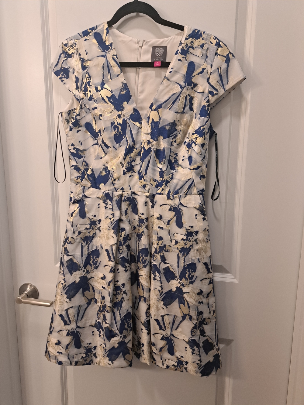 Vince Camuto White Dress with Navy & Gold Floral Print